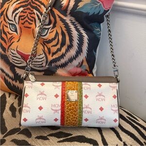 MCM🔥Leather Shoulder Bag w/Iconic Logo & Colored Stripes, Chain & Leather Strap